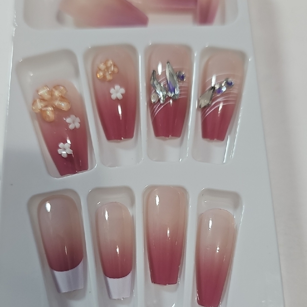 12pcs Sunset Blush Ombre Long Coffin Press-On Nails 3D Flowers & Rhinestone New